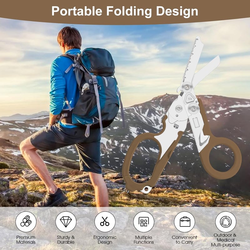 Lemasa6 in 1 Multifunctional Combination Tool, Folding Retractable Emergency Shears, Outdoor Camping Tools, Seat Belt Cutter, Oxygen Cylinder Wrench, Complimentary Adjustable Wrench (Bean Sand Colour) - Image 3